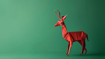 Obraz premium red origami deer isolated on green background