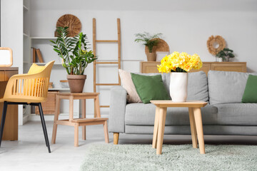 Interior of living room with grey sofa and yellow narcissus flowers on wooden coffee table