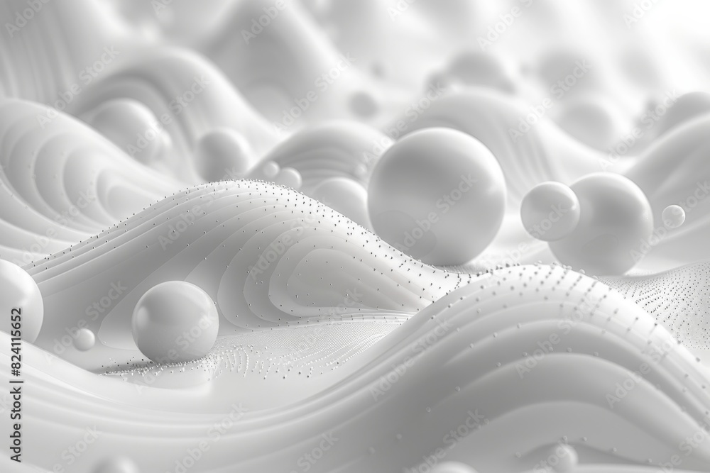 Poster abstract white spheres on a smooth, wavy surface with tiny particles, creating a serene and futurist