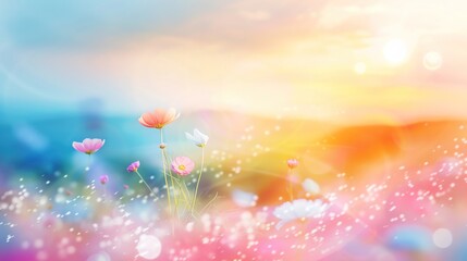 A summer nature background with a colorful sunset over rolling green hills