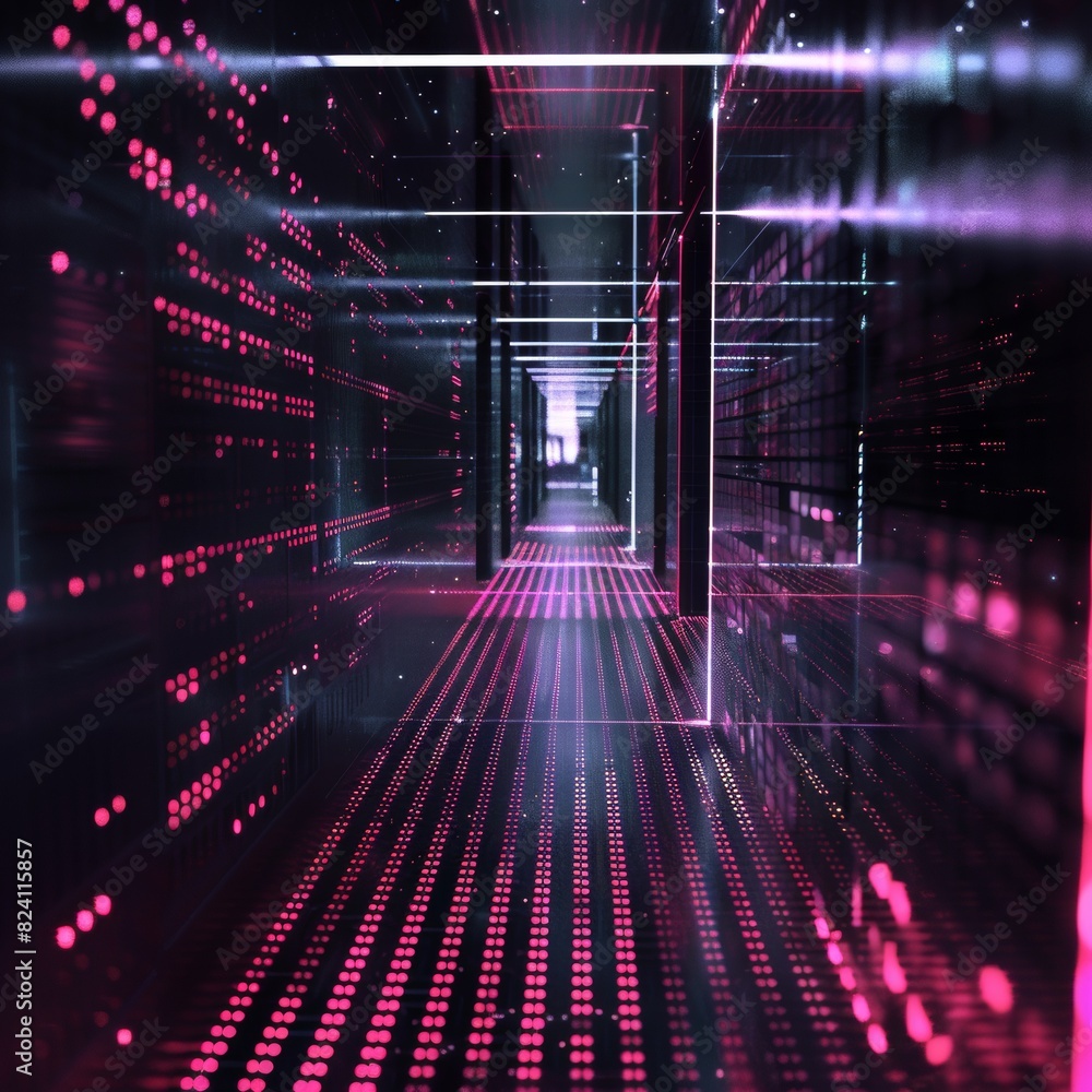 Poster virtual labyrinth: glowing dots and grids navigate through dark, high-tech corridors