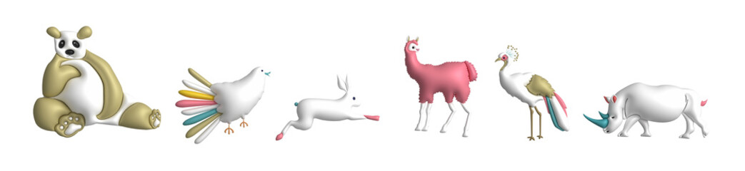 Pack of 6 wild animals in 3d cartoon style, set on a transparent background. Panda, bear, rabbit, bird, llama, rhino, peacock, hare © Veranika