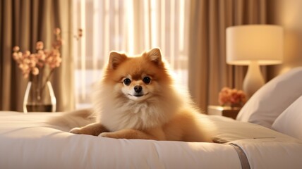 Pomeranian dog cute sleeping peacefully lying on cozy bed picture