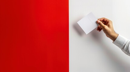 person holding a voting paper putting it in the box with red and white background