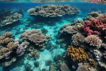 Underwater coral reef ecosystem, vibrant marine life, colorful fish, clear ocean water, biodiversity, aquatic scenery, tropical sea creatures, marine habitat