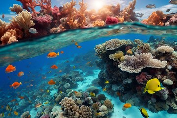 Underwater coral reef ecosystem, vibrant marine life, colorful fish, clear ocean water,...
