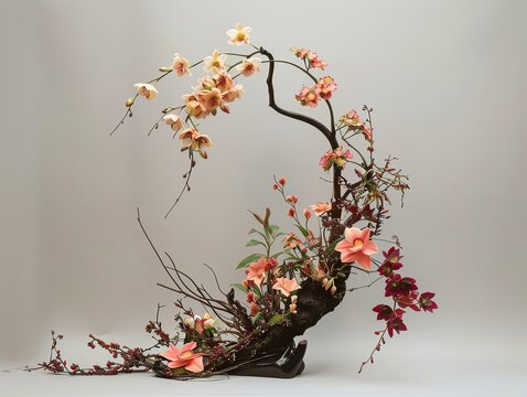 A dramatic ikebana with a cascade of flowers flowing from a tall, elegant vase