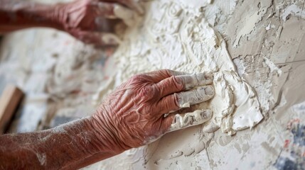 Fototapeta premium A closeup of a craftsmans hands skillfully smoothing out a newly applied layer of plaster ensuring a seamless finish on a historic wall.