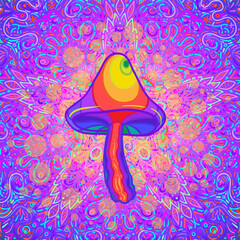 Magic mushrooms mandala seamless pattern. Psychedelic hallucination. Vibrant trippy vector illustration. 60s hippie colorful art. Hand drawn design in ethnic Indian style. yoga mat design.