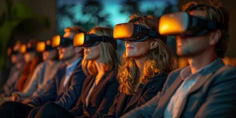Group of people wearing virtual reality headsets, experiencing immersive technology in a darkened room with a focused and engaged atmosphere