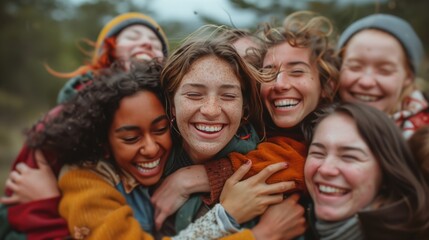 Friends joyfully hugging each other tightly