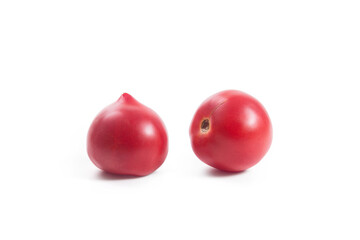 Two pink tomatoes isolated on white background.