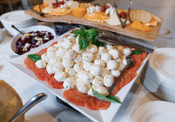 Round mozzarella cheese and chopped fresh tomatoes on a platter. A pile of round mozzarella cheeses on freshly cut tomatoes
