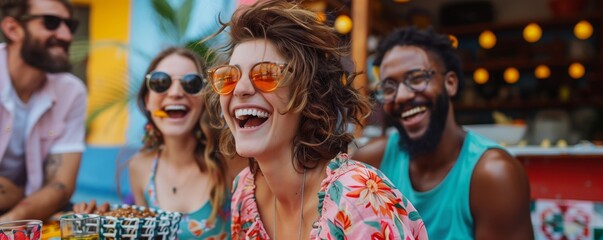 Group of people sitting at table, laughing together