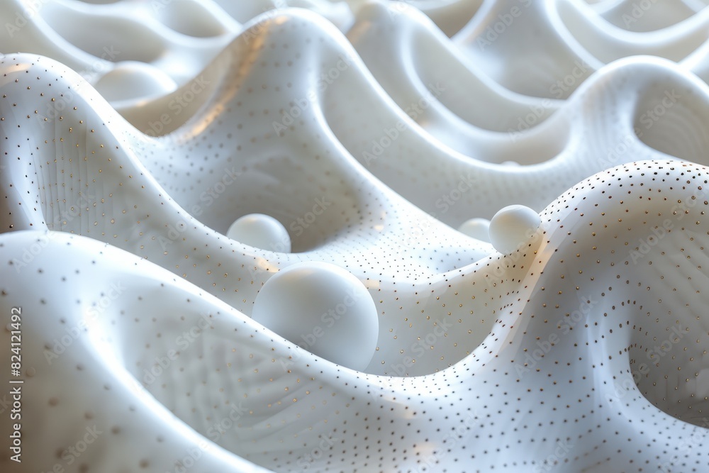 Aufkleber white spheres on a textured wavy surface with tiny gold dots, creating an abstract and modern visual