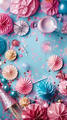 Cute background. Party accessories background. Invitation, birthday, bachelorette party, baby shower events, copy space 