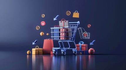 Product Ads, with a 3d carousel of product images featuring elements. Arrows indicating movement to show automatic updates. Product icons and a shopping cart to emphasize retail. blue background