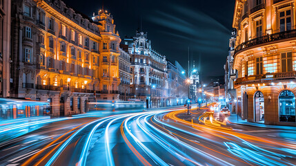 Obraz premium The scene showcases a cityscape with tall buildings lining both sides of the street. These structures are beautifully illuminated, revealing intricate architectural details