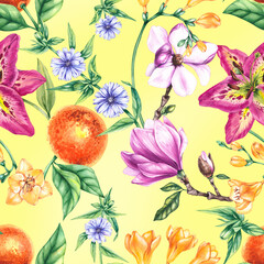 Watercolor botanical pattern with flowers and fruits