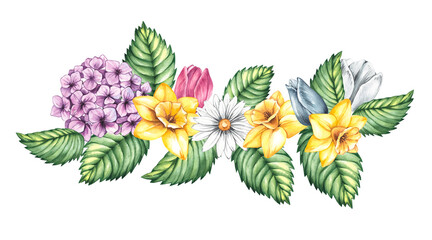 Watercolor bouquet with spring flowers