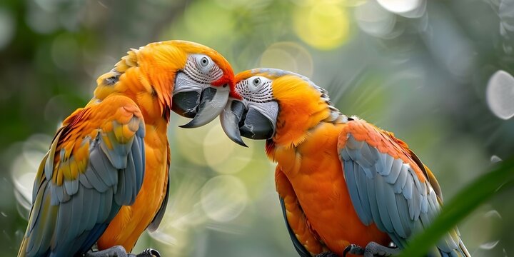Two parrots perch closely sharing a tender moment. Concept Nature, Wildlife, Animal Behavior, Birds, Bonding