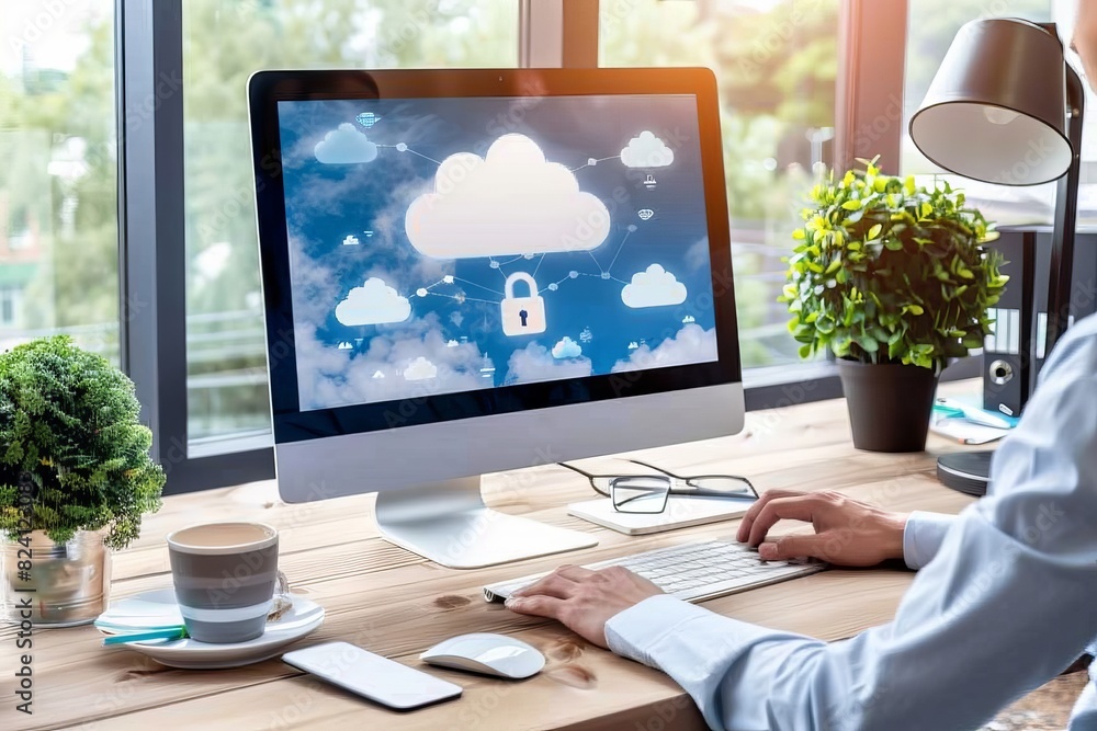 Poster hand interacting with a digital cloud network, emphasizing advanced cloud security and data protecti