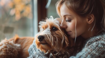 Woman carefully holds and grooms her pet dog