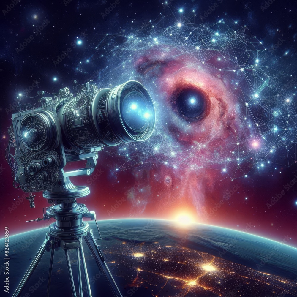 Poster a stunning digital representation of a camera on a tripod capturing the vibrant and dynamic nebula i