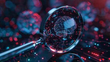 A scene of a digital brain icon holding a magnifying glass representing the ability of cognitive computing to zoom in and dissect complex data.