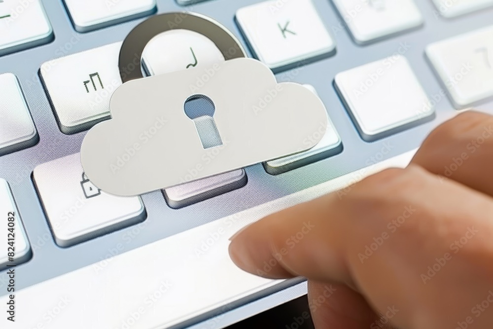 Poster hand placing a golden padlock on a circuit board, representing secure data technology and cloud prot