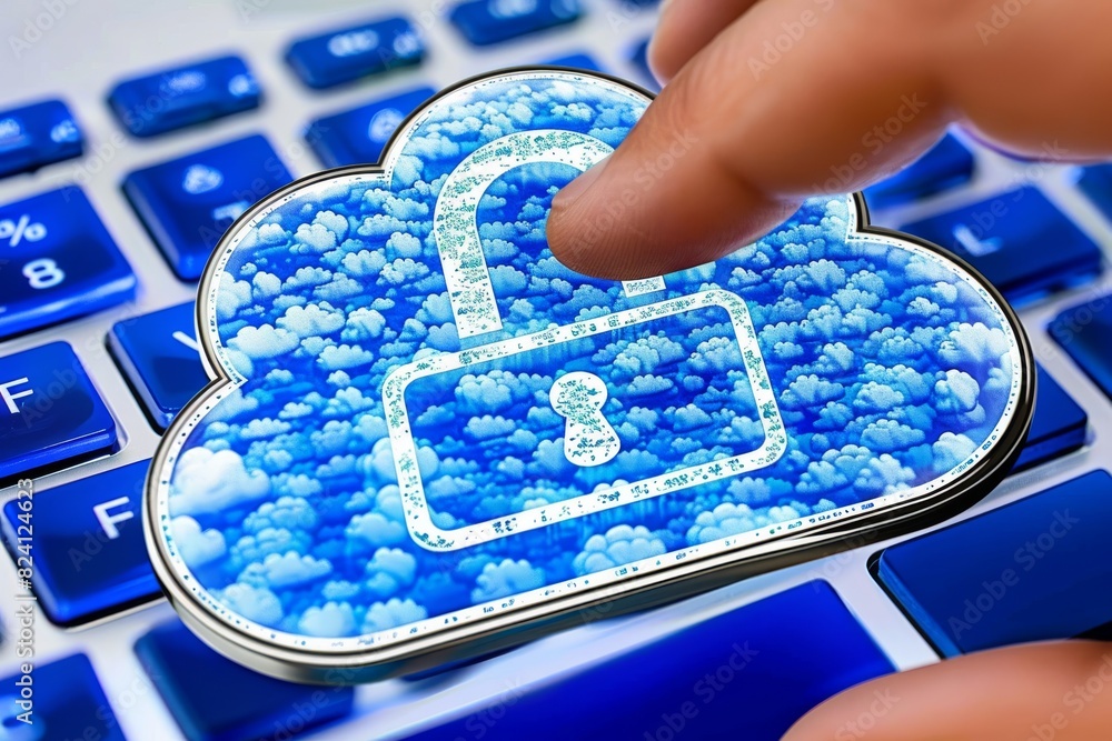 Poster finger pressing a digital cloud lock on a keyboard, representing robust data security and cloud prot