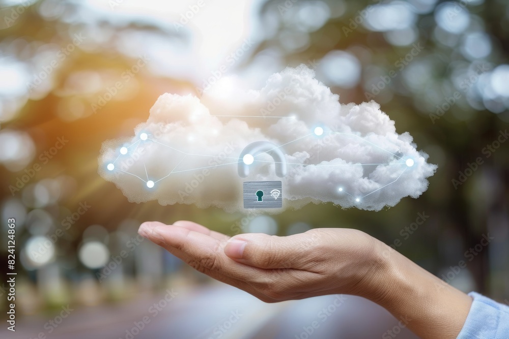 Poster hand presenting a digital cloud with a lock, showcasing secure cloud technology and data protection 