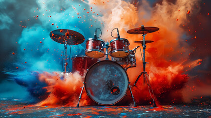 abstract pattern with drum kit in color powder explosion, music concept. Wall Art Poster Print Design for Home Decor, 4K Wallpaper and Background for Computer, Smartphone, Cellphone, Mobile Cell Phone