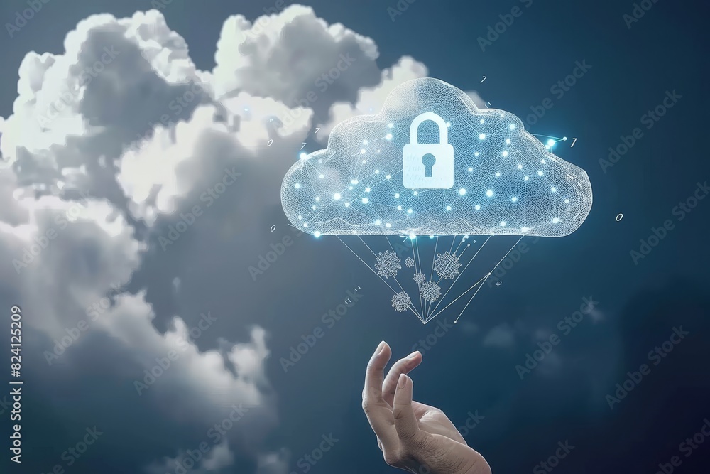 Aufkleber hands presenting a holographic cloud lock, emphasizing advanced cloud technology and data protection