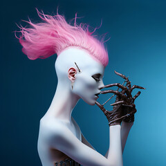 surreal woman with pink hair in front of a blue background