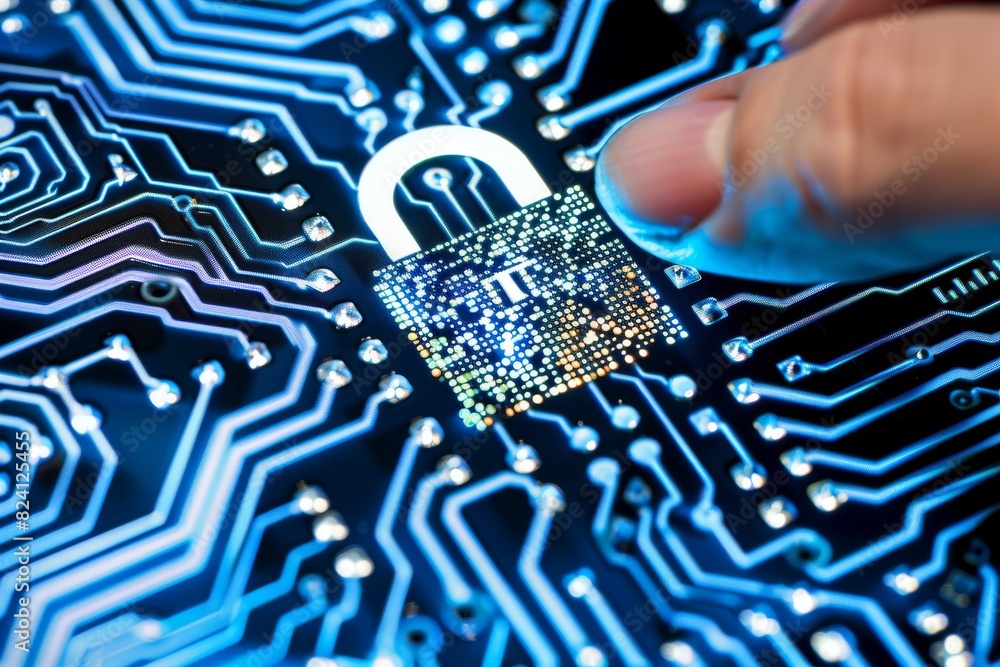 Poster finger pressing a digital lock on a circuit board, illustrating robust data security and advanced cl