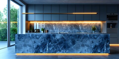 Minimalistic marble kitchen counter in elegant blue with blurred backdrop Premium image. Concept Kitchen, Marble, Minimalistic, Blue, Elegant, Premium, Blurred Background