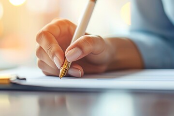 A close-up shot of a hand with manicured nails holding a pen and signing a document, focusing on the act of writing. Agreement signing concept