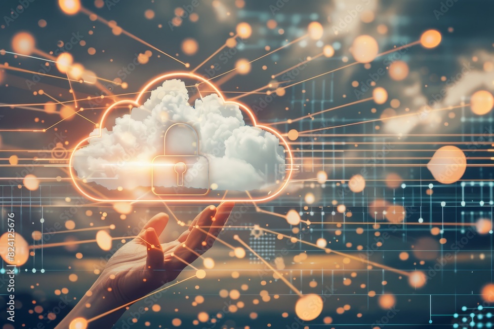 Poster hands presenting a glowing digital cloud, emphasizing advanced cloud security and data protection in