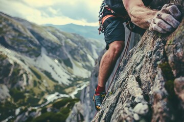 The mountain climber clings to the jagged edge of the cliff face, his fingers white-knuckled and his muscles straining, landscape in background   - Powered by Adobe