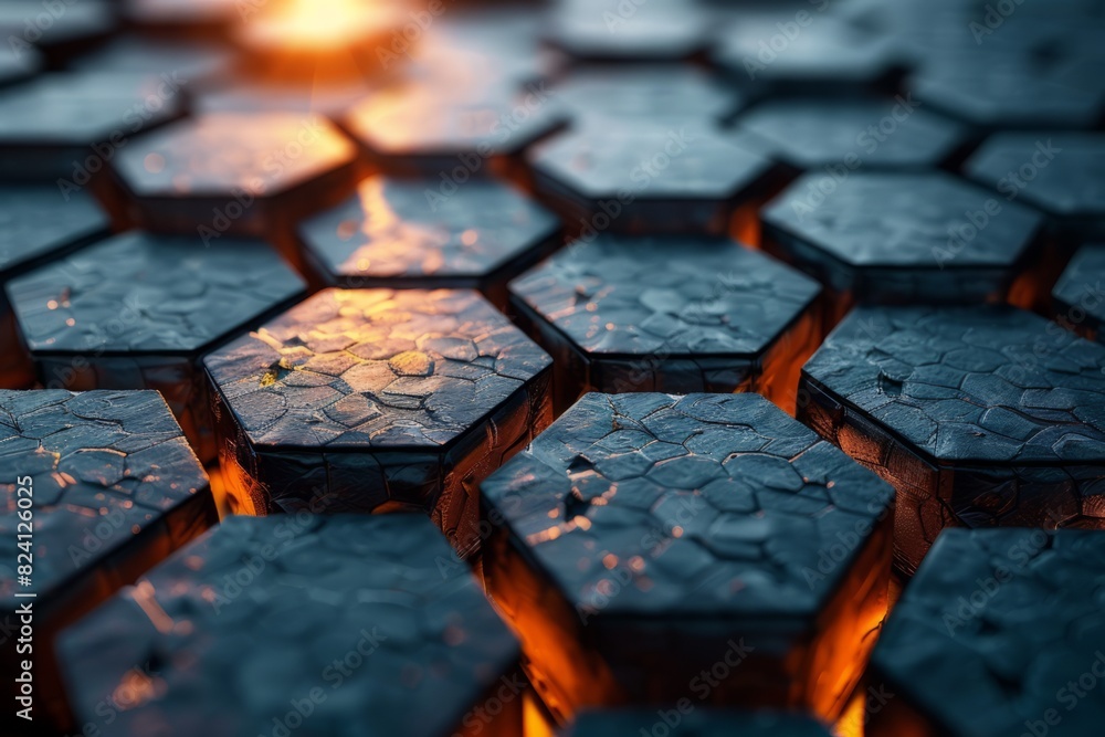 Poster close-up of hexagonal tiles with a textured surface and warm orange glow underneath, creating a futu