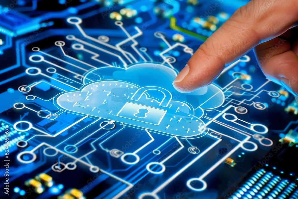 Poster advanced technology finger touching digital lock cloud symbol with circuit board pattern, highlighti
