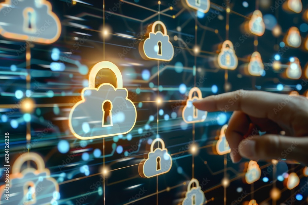 Poster hand interacting with illuminated cloud network and locks, representing comprehensive digital securi