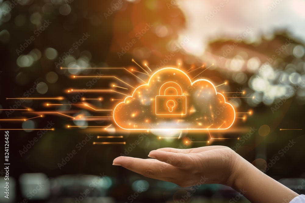 Poster golden cloud with lock and data lines in hand, showcasing secure digital storage and network protect
