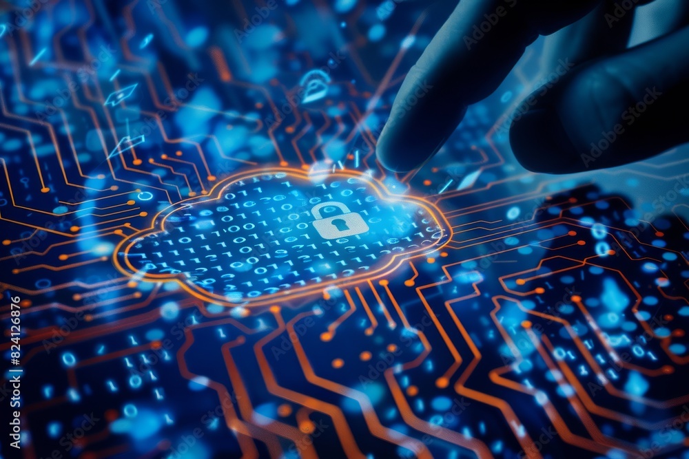 Aufkleber finger pointing at a secure cloud lock on a circuit board, showcasing advanced digital safety and da