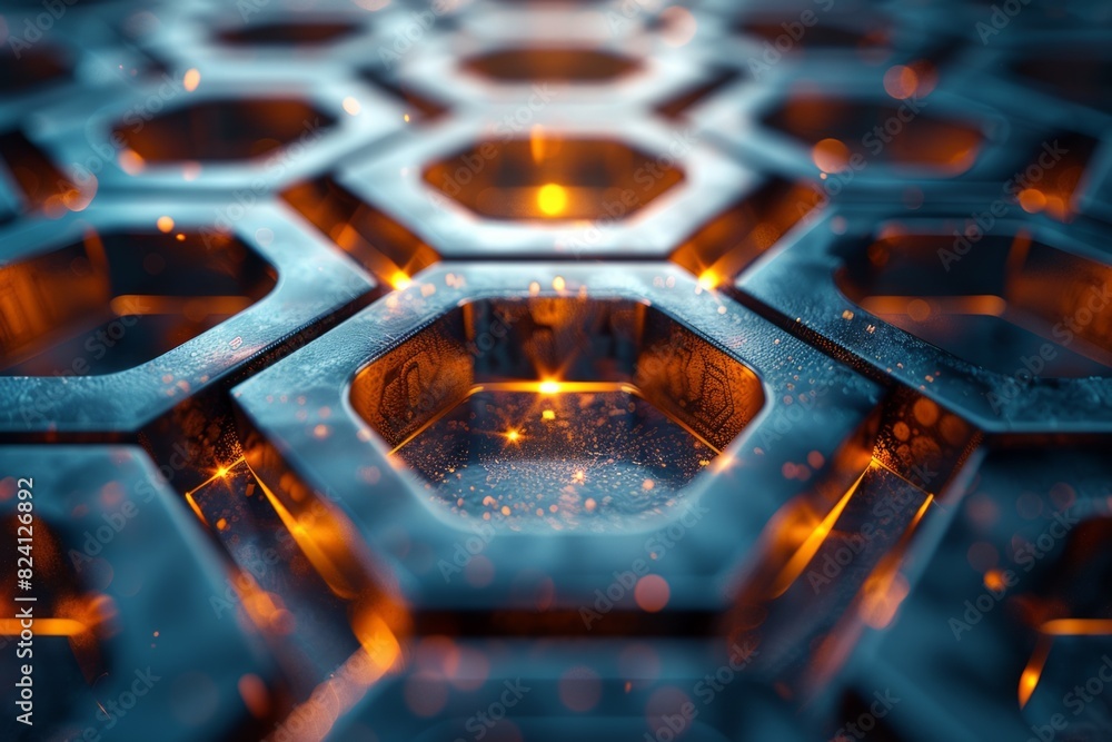 Poster close-up of a futuristic hexagonal pattern with glowing orange lights, showcasing a high-tech, indus
