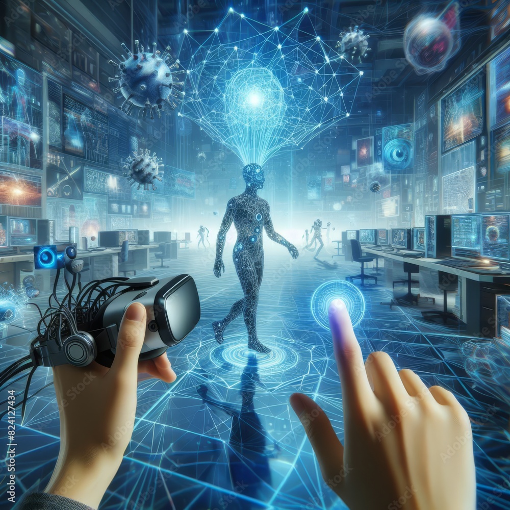 Poster a futuristic digital simulation with a humanoid figure interacting in a virtual reality environment,