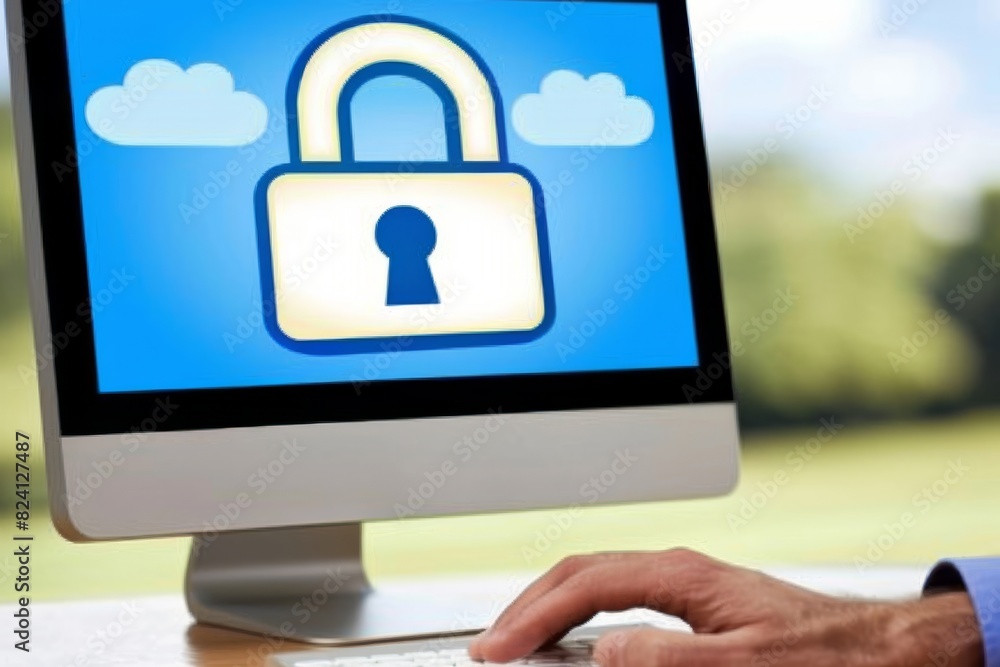 Poster computer screen with secure cloud lock symbol, highlighting online protection and digital security i