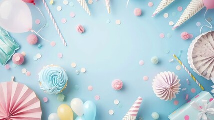 Cute background. Party accessories background. Invitation, birthday, bachelorette party, baby shower events, copy space 