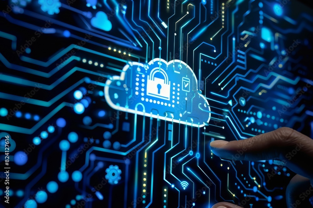 Poster finger touching a digital cloud lock on a circuit board, illustrating advanced data protection and c
